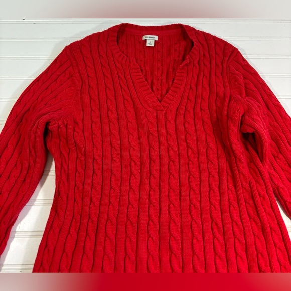 LL Bean Red Cable Knit Sweater Women’s Size Large V Neck Cotton - Picture 8 of 13